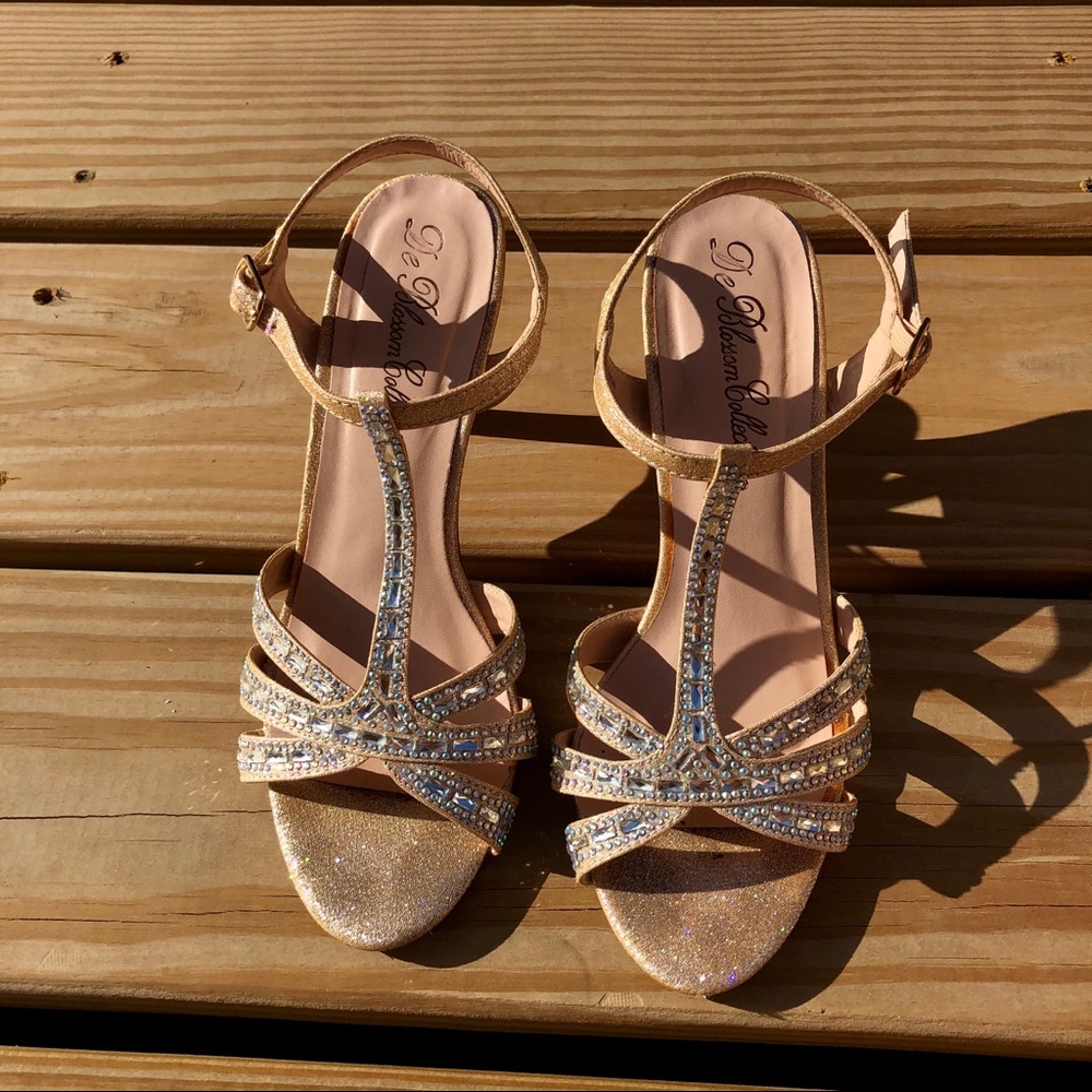 Gold Embellished Kitten Heels. Ankle Strap S 6.5